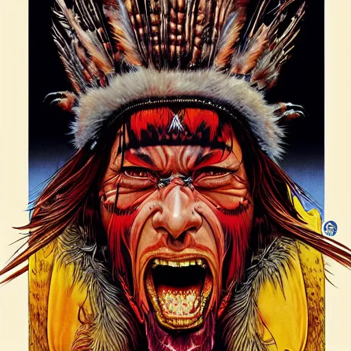 Image similar to portrait of crazy screaming native american, symmetrical, cinematic colors, by yoichi hatakenaka, masamune shirow, josan gonzales and dan mumford, ayami kojima, takato yamamoto, barclay shaw, karol bak, yukito kishiro