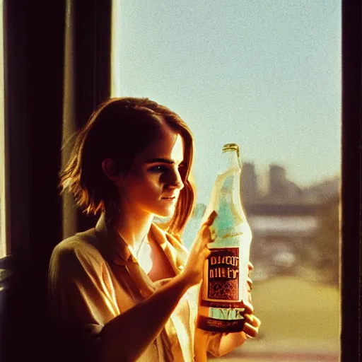 Image similar to Photograph of Emma Watson holding a 40 oz of malt liquor by the window. Golden hour, dramatic lighting. Medium shot. CineStill