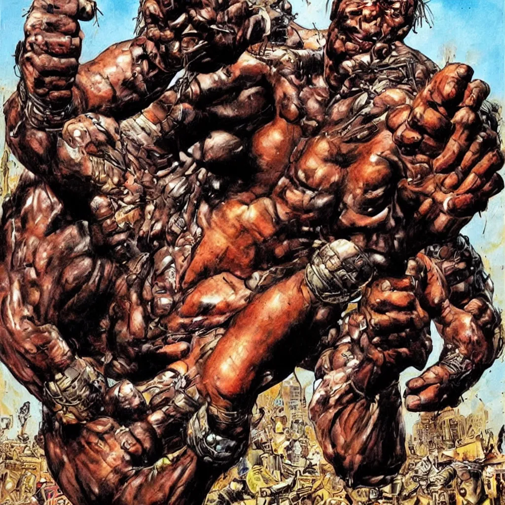 Image similar to art style simon bisley, big african superhero raising fist