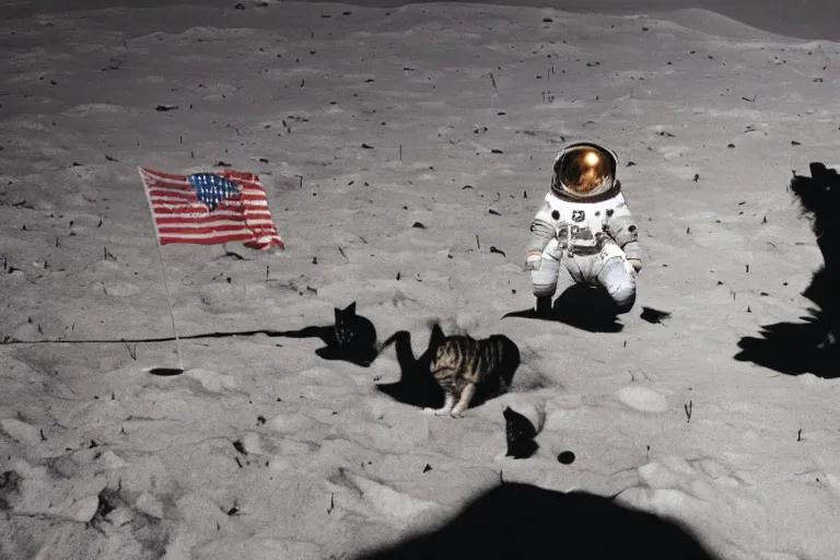 Prompt: 2 astronauts having a vacation in the moon with cats and dogs