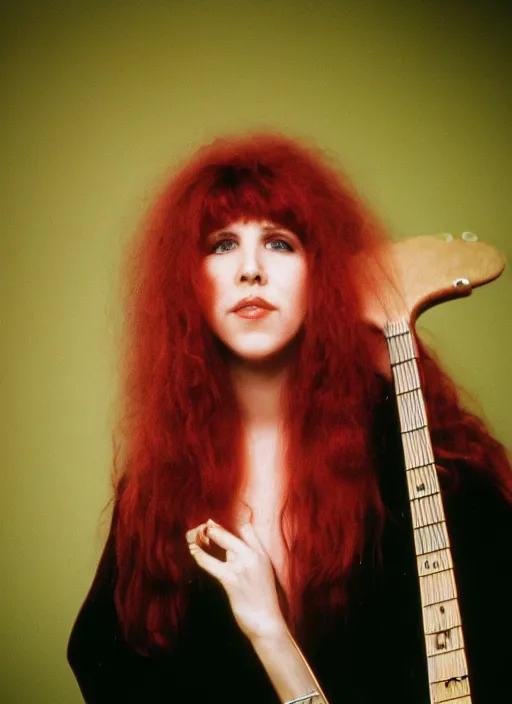 Image similar to dslr portrait photo still of 2 4 year old stevie nicks at age 2 4 with red hair playing a guitar, 8 5 mm, f 1. 8