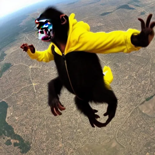 Image similar to a chimp wearing a yellow hoodie is skydiving