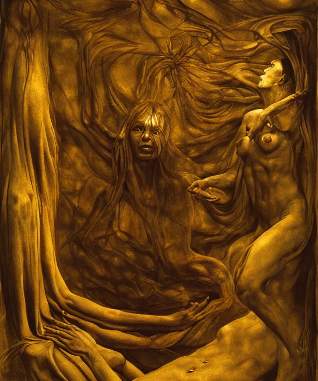 Image similar to The room without doors and windows with beautiful full-body wax sculpture of the glowing woman with visible golden bones inside her in the singularity where stars becoming baroque folds of dark matter by Michelangelo da Caravaggio, Nicola Samori, William Blake, Alex Grey and Beksinski, dramatic volumetric lighting, detailed oil painting, 8k, masterpiece