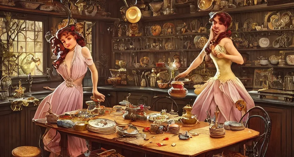 Image similar to a mid - shot of a fairy in a vintage magical kitchen, with one vintage book on a table, with a fireplace in the background d & d, fantasy, intricate, elegant, highly detailed, digital painting, artstation, concept art, smooth, sharp focus, illustration, art by artgerm and greg rutkowski and alphonse mucha