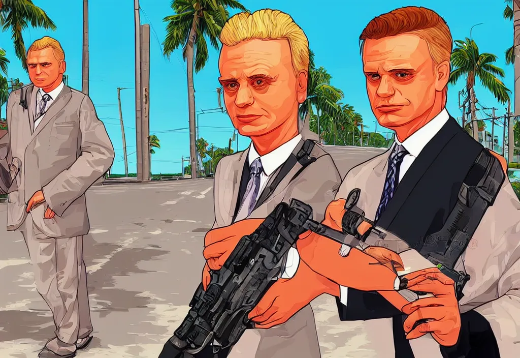 Prompt: a young josef ratzinger in grand theft auto loading screen, gta art style, illustration, beach, miami, vice city