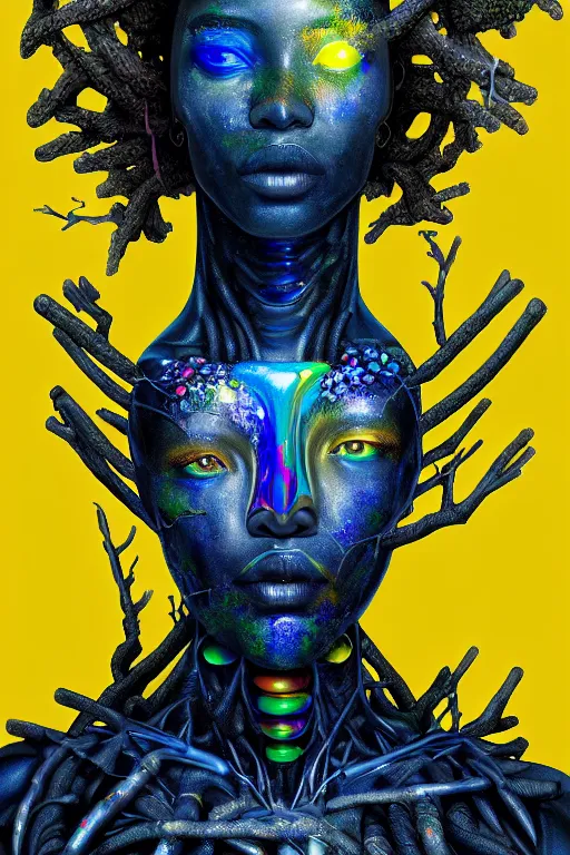 Prompt: hyperrealistic deconstructed super expressive! black woman with exoskeleton armor, merging with tree in a forest, highly detailed digital painting masterpiece smooth robert steven connett hannah yata dramatic pearlescent blue yellow light ground angle hd 8k sharp focus