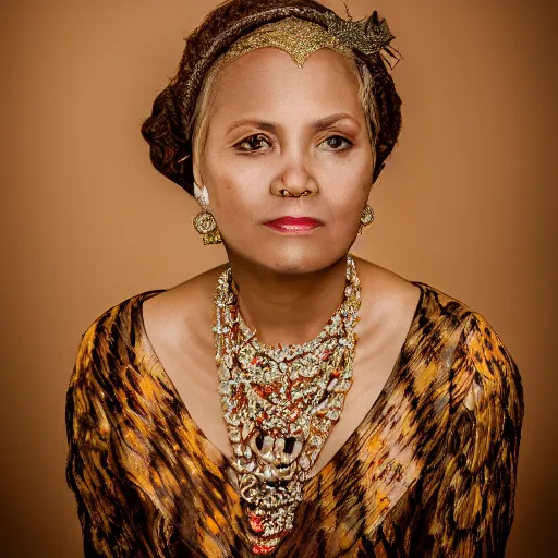 Image similar to medium shot 3 / 4 portrait of a lavish woman of society, embellished attire with woven flourishes, learned gaze in the eyes, bokeh, light from top right, diverse textures