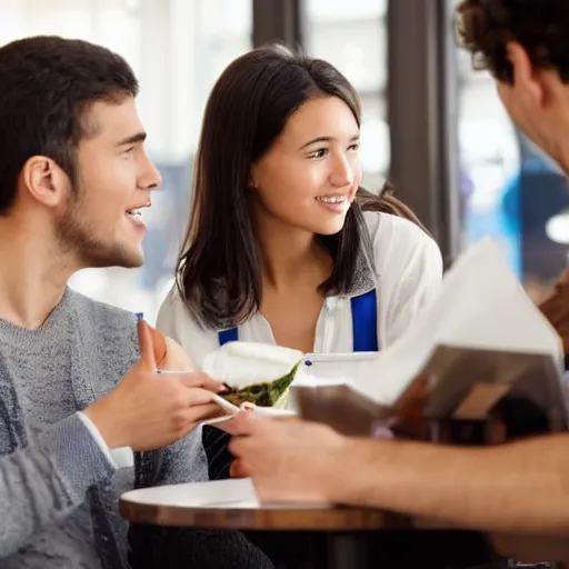 Prompt: a very handsome young male college student is buying lunch at the cafeteria but is out of money