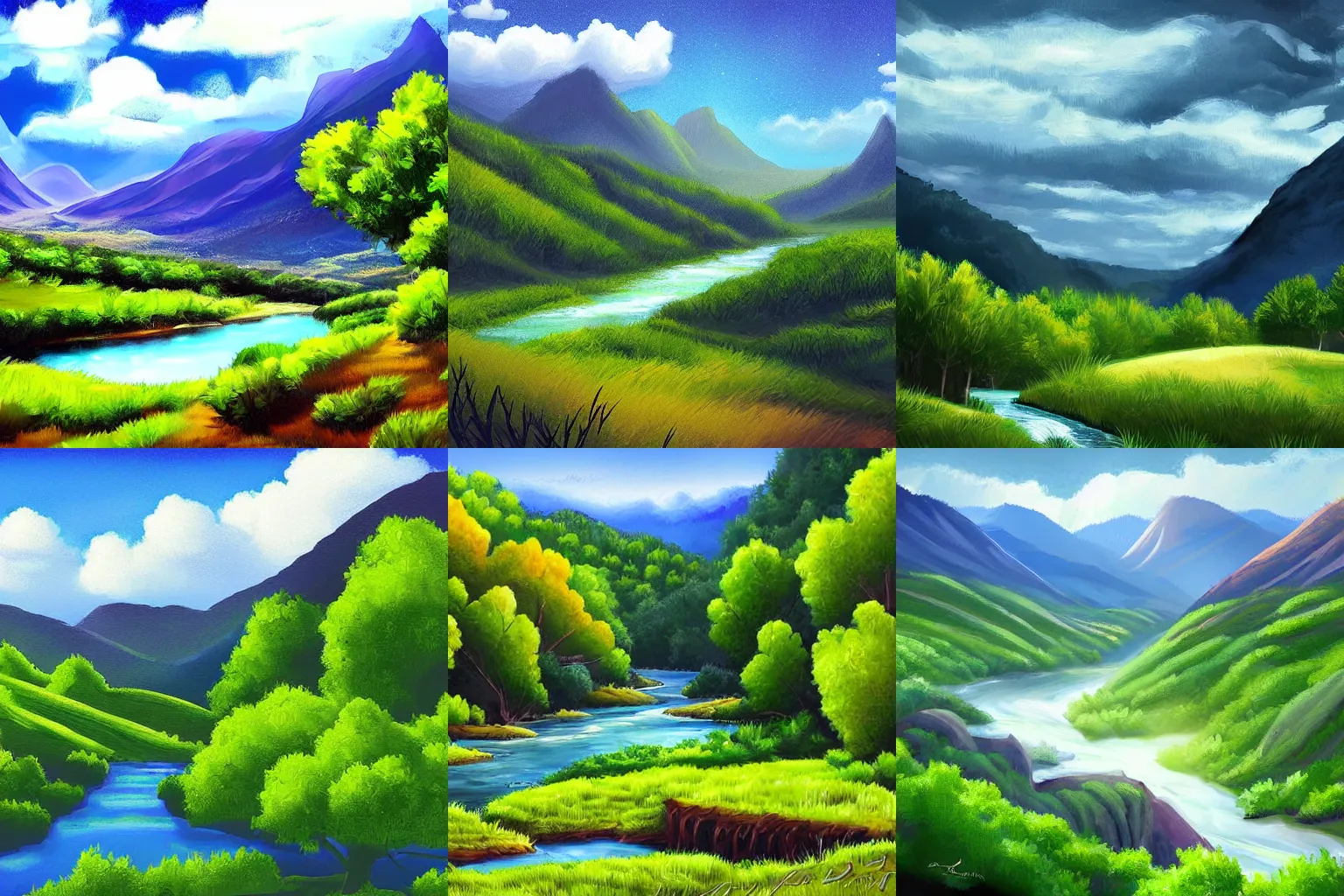Prompt: A very beautiful landscape of mountain with plains, green grasse trees and river, clouds, dreamy vibe digital painting