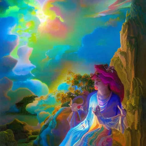 Image similar to Volumetric lighting ，light effects，looking down，by salvador dali，Lisa Frank and Gaston Bussière，trending on artstation-H 768