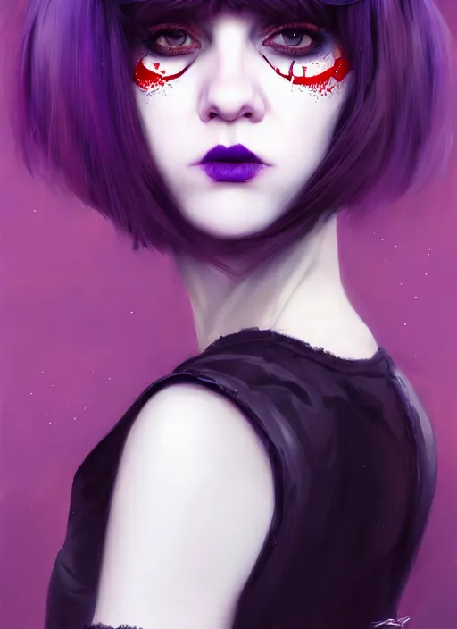 Image similar to portrait of white teenage girl, normal face, white bangs, mall goth, cyberlox, black and white hair, bangs, fluffy bangs, red contact lenses, purple lipstick, intricate, elegant, highly detailed, digital painting, artstation, concept art, sharp focus, smooth, illustration, art by wlop, mars ravelo and greg rutkowski