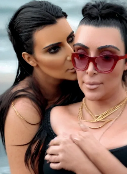 Image similar to film still of kim kardashian hugging bubbles from trailer park boys.