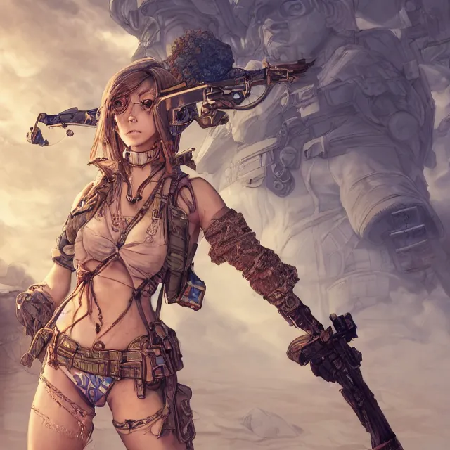 Image similar to the portrait of lawful neutral semi - colorful female infantry gunner as absurdly beautiful, gorgeous, elegant, young swimsuit model, an ultrafine hyperdetailed illustration by kim jung gi, irakli nadar, intricate linework, bright colors, octopath traveler, final fantasy, unreal engine 5 highly rendered, global illumination, radiant light, detailed and intricate environment