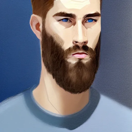 Prompt: tall chunky man in his twenties with brown blond short regular haircut and round facial structure with cleft chin, straight eyebrows, big grey blue eyes, very happy, slightly set back jaw, cheekbones, straight nose, wider face, very slight shadow of beard, atmospheric lighting, painted, intricate, 4 k, highly detailed by charlie bowater