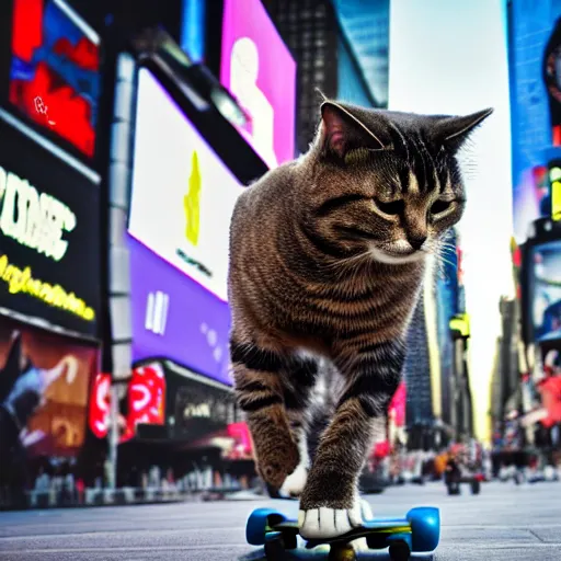 Image similar to A cat riding a skateboard in Times Square, New York City, 4k, high quality, award winning photo