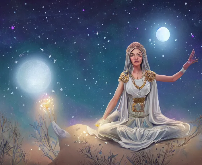 Prompt: an illustration of the spiritual goddess of essential oils, with starry dusted light and a moon, high contrast, highly detailed, sharp focus, digital painting, illustration, trending on artstation,