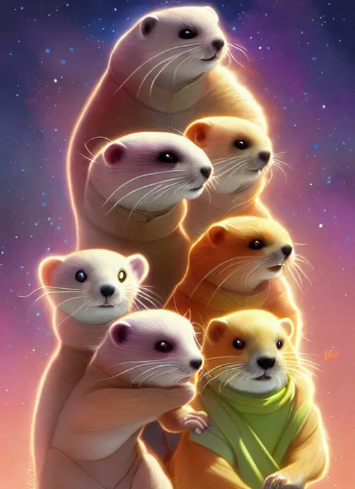 Image similar to cute intergalactic ferrets, natural lighting, path traced, highly detailed, high quality, digital painting, by don bluth and ross tran and studio ghibli and alphonse mucha, artgerm