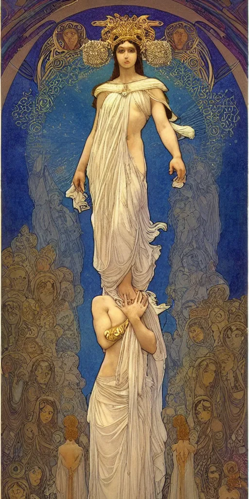 Image similar to saint woman, venus, athena, queen, by alphons mucha and annie swynnerton and nicholas roerich and jean delville, strong dramatic cinematic lighting, ornate headdress, flowing robes, spines, flowers, stars, lost civilizations, smooth, sharp focus, extremely detailed, blue marble, obsidian, gold, space