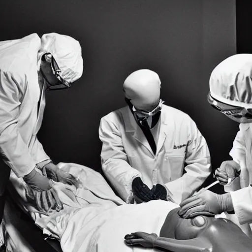 Prompt: doctors performing an autopsy on a dead alien in a white room, black and white photo