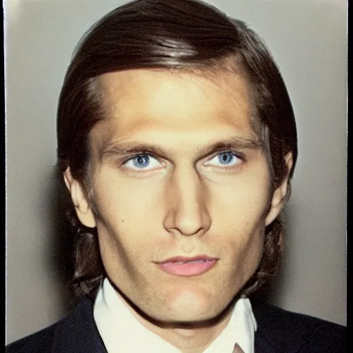 Image similar to A photograph portrait of Jerma985 with medium length wavy hair, a combover and wearing late 1970s popped collared menswear in the late 1970s, taken in the late 1970s, grainy, taken on a 1970s Polaroid Camera, realistic, hyperrealistic, very realistic, highly detailed, very detailed, extremely detailed, detailed, digital art, trending on artstation, front facing, front view, headshot and bodyshot, detailed face, very detailed face