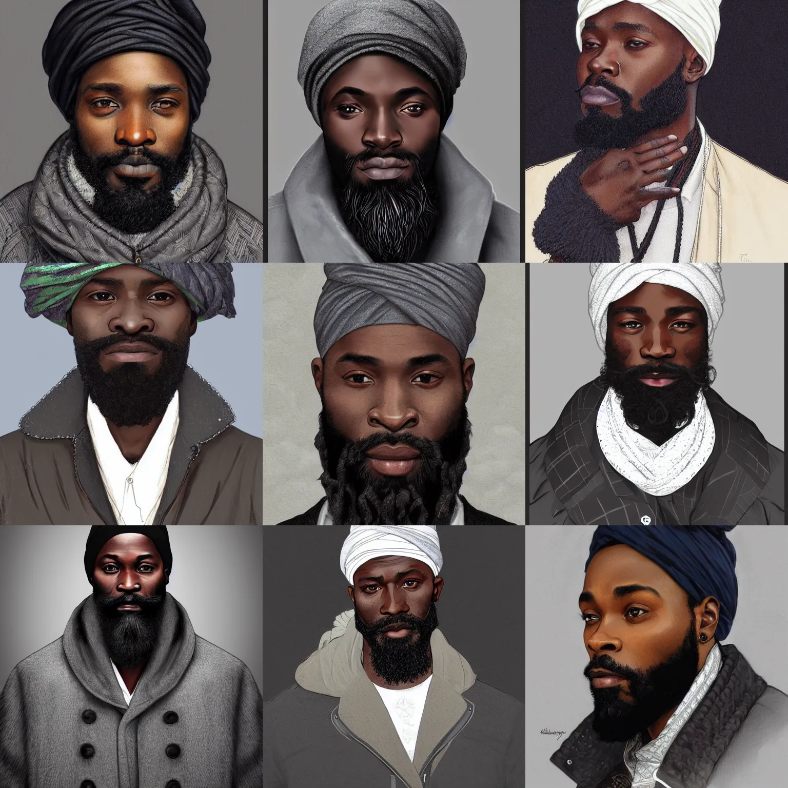 Prompt: strikingly handsome ghanian 🧔🏿 with a beard full beard, wearing a dark gray do rag and a black winter puffer coat, white background, intricate portrait illustration by krenz cushart, alphonse mucha, artgerm, trending on artstation, 8 k, hd,