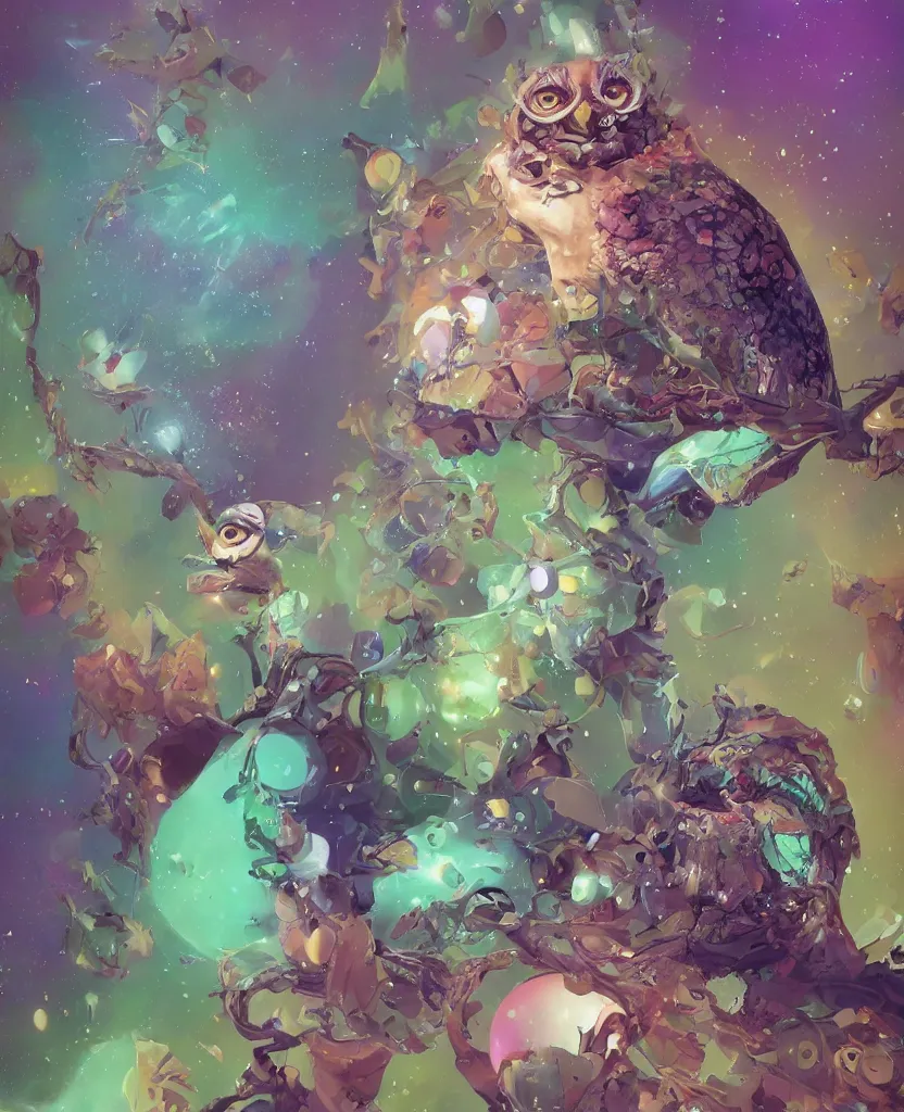 Prompt: a dreamy otherworldly 3 d render of wise owl with one eye, pixiv fanbox, dramatic lighting, maximalist pastel color palette, splatter paint, pixar and disney exploded - view drawing, graphic novel by fiona staples and dustin nguyen, peter elson, alan bean, wangechi mutu, clean cel shaded vector art, trending on artstation