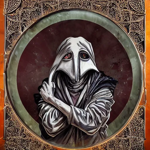 Image similar to 4K headshot portrait of godlike Plague Doctor of Nazareth with defined arms and open hands and bloody clothes with giant mandala wings , intricate face , flawless anime cel animation by Kentaro Miura, psychedelic , highly detailed upper body , professionally post-processed , beautiful, scary, symmetry accurate features, epic, octane rendered, anime masterpiece, accurate by Craig Mullins, ilya kuvshinov, krenz cushart, epic , artgerm trending on artstation by Edward Hopper and Dan Mumford and WLOP and Rutkovsky, beksinski carl spitzweg moebius and tuomas kocar, intricate artwork by caravaggio, Unreal Engine 5, Lumen, Nanite