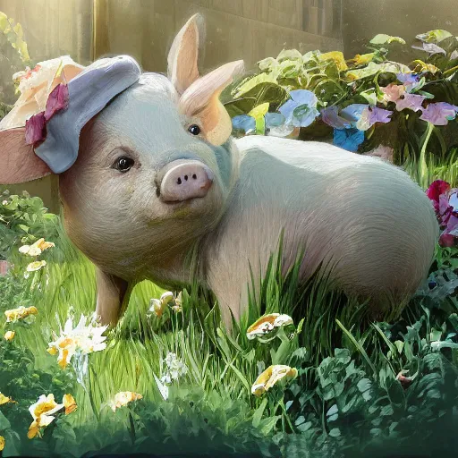 Prompt: cute and adorable miniature piggy pig2 wearing a cute hat on garden during a summer day, highly detailed, digital painting, artstation, concept art, smooth, sharp focus, illustration, art by yee chong and sydney hanson and rossdraws and greg rutkowski