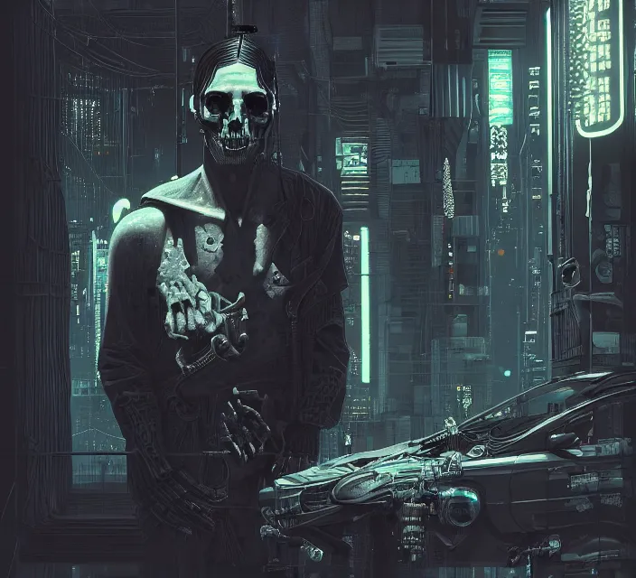 Image similar to cyberpunk neon skeleton jesus, noir, sharp focus, intricate, illustration, cell shaded, digital painting, highly detailed, matte, art by ilya kuvshinov, wlop, greg rutkowski, reflections, studio quality, james jean, artem demura