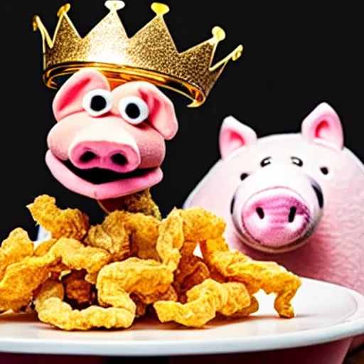 Image similar to studio photograph of a pig wearing a gold crown depicted as a muppet eating pork rinds surrounded by pickles