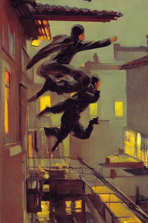 Image similar to a ninja jumping from the roof on a rainy night by joaquin sorolla, syd mead, boneface