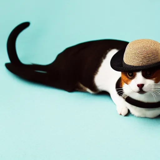 Prompt: beagle cat with a hat, black background, head shot, studio, 38mm