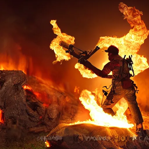 Prompt: Rambo shooting flames out of a flamethrower, moonlight, burning trees, burning computers on the floor, detailed face, real picture, 8K, action movie scene