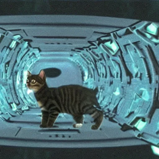 Image similar to a cat getting lost in the stargate sequence, 2 0 0 1 a space oddysey style