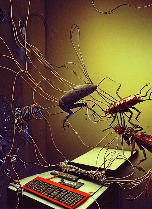 Prompt: realistic detailed image of a cockroaches eating a brain connected with wires and cords to a PC computer from 90s in an old dirty soviet apartment by Ayami Kojima, Amano, Karol Bak, Greg Hildebrandt, and Mark Brooks, Neo-Gothic, gothic, rich deep colors. Beksinski painting, part by Adrian Ghenie and Gerhard Richter. art by Takato Yamamoto. masterpiece. realistic detailed image