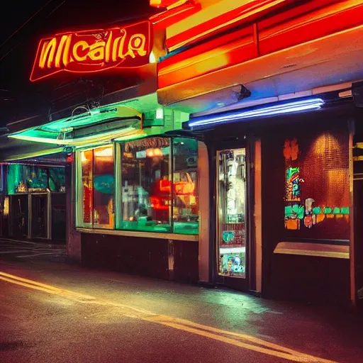 Prompt: Cyberpunk street corner at night with a McDonald\'s restaurant