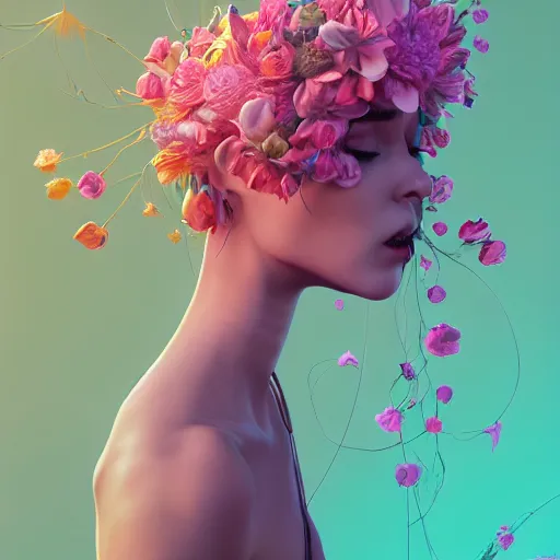 Image similar to a beautiful amazing art of flora addict out of curl noise splines by tom haugomat, serena malyon, maxim shirkov, alex pogrebniak and robin gundersen, trending on artstation, featured on behance, vision of chaos, octane render.