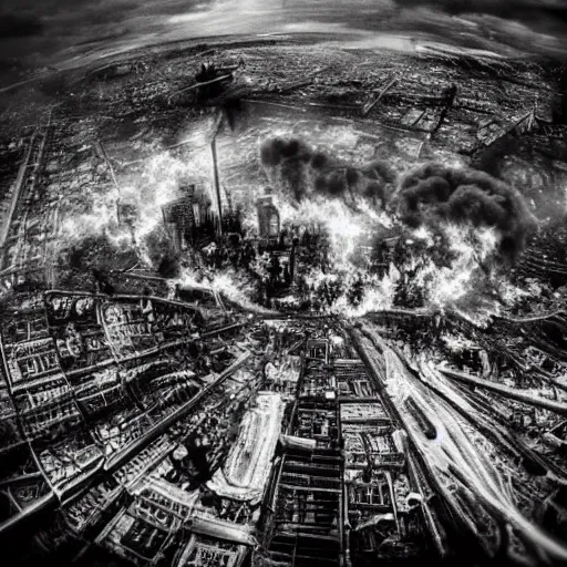 Prompt: steampunk city skylines engulfed in flames, huge fires, explosions everywhere, bird's eye view, cinematic, very detailed, black and white photograph