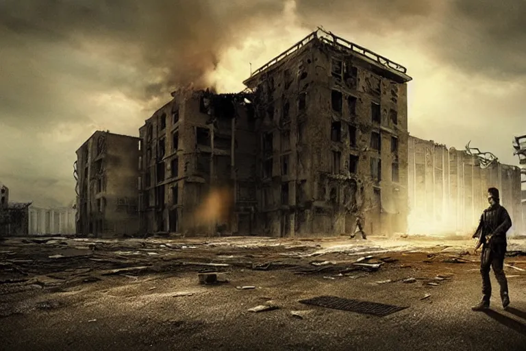 Prompt: dystopian hazmat chased by zombie in dilapidated building. by Roger Deakins