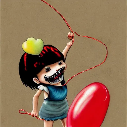 Prompt: grunge cartoon painting of a little girl playing witha jump rope with a wide smile and a red balloon by chris leib, loony toons style, pennywise style, horror theme, detailed, elegant, intricate