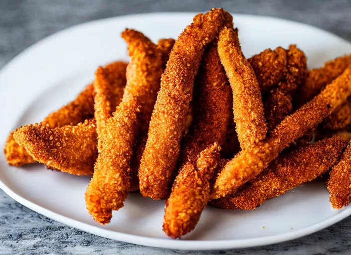 Prompt: dslr food photograph of churro chicken tenders sprinkled with cinnamon, 8 5 mm f 1. 8