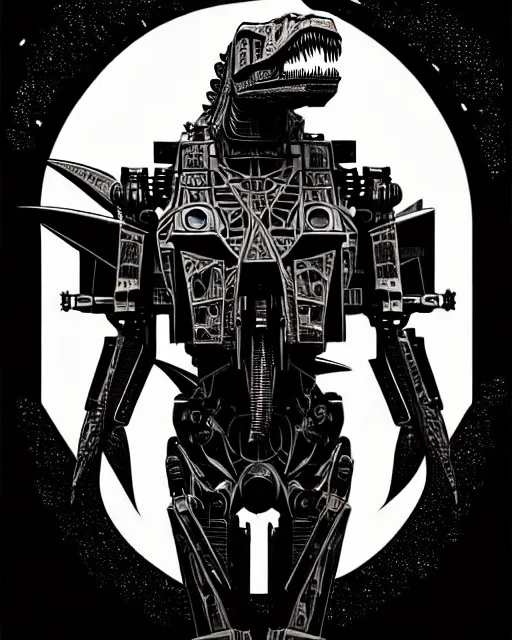 Image similar to a fierce mech cyborg t - rex dinosaur, transformer, high details, symmetry, bold line art, by vincent di fate and joe fenton, inking, etching, screen print, masterpiece, trending on artstation, sharp, high contrast, hyper - detailed,, hd, 4 k, 8 k