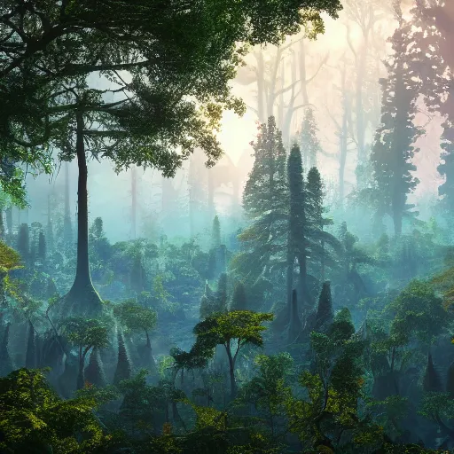 Prompt: looking down at a distant, fabulous, otherworlds forest in a wonderful fantasy world, ultrarealistic, ultradetailed, 8 k