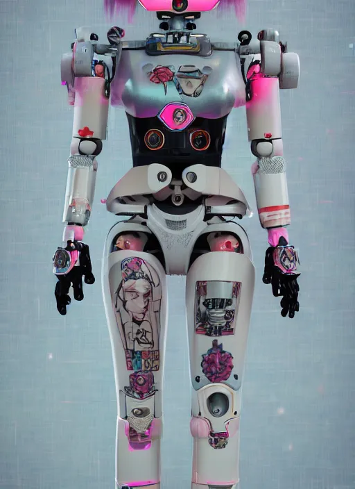 Image similar to full body photo of a belle delphine robot with kanji tattoos and decals wearing a digital pixelated kimono, intricate design, photo - realistic, octane render, ultra fine detailed, character design, trending on artstation