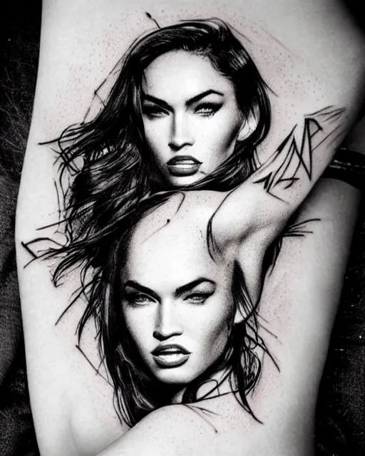 Image similar to megan fox face mash up with beautiful mountain scenery, in the style of dan mountford, tattoo sketch, double exposure, hyper realistic, amazing detail, black and white