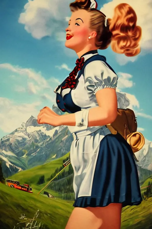 Image similar to 1 9 4 0 s german advertisement poster pinup girl in dirndl, the alps are in the background, unreal engine, global illumination, radiant light, detailed and intricate environment