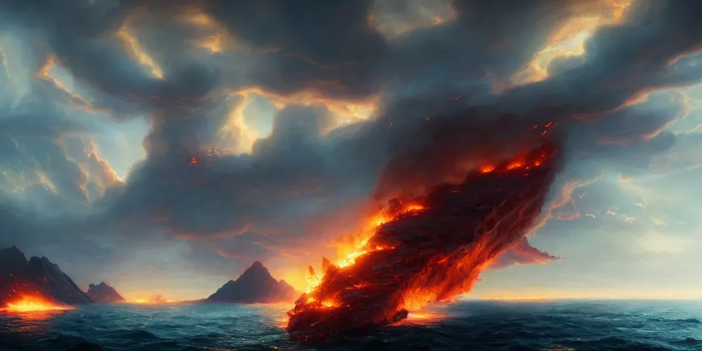 Image similar to matte painting,Epic scene, Fire Phoenix,sea,cloud,by greg rutkowski and Richard Lay,in volumetric lighting, Trending on artstation,HD