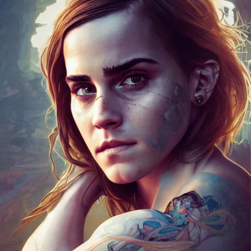 Prompt: portrait painting of a muscular emma watson, tattoo, ultra realistic, concept art, intricate details, eerie, highly detailed, photorealistic, octane render, 8 k, unreal engine. art by artgerm and greg rutkowski and alphonse mucha