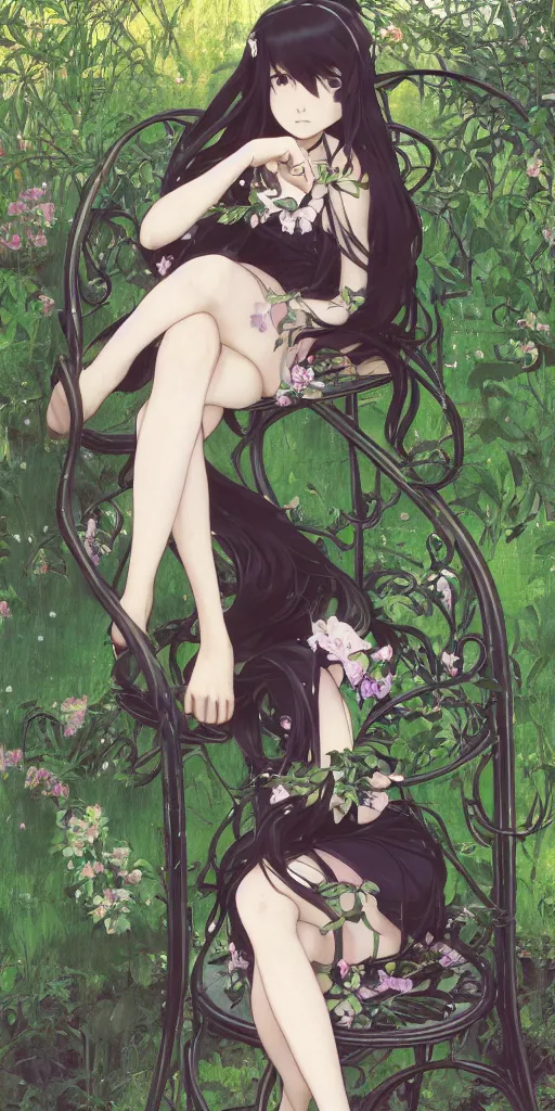 Image similar to a loli with long hair in a black dress sitting on a metal garden chair in the privet garden at afternoon, green and warm theme, back lighting, highly detailed, by krenz cushart and mucha and akihito yoshida and greg rutkowski and makoto shinkai and studio ghibli, detailed eyes, 4 k resolution, trending on art station