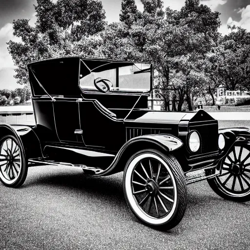 Prompt: Model T Ford with huge rims, (Sony a7R IV, symmetric balance, polarizing filter, Photolab, Lightroom, 4K, Dolby Vision, Photography Award, black and white)